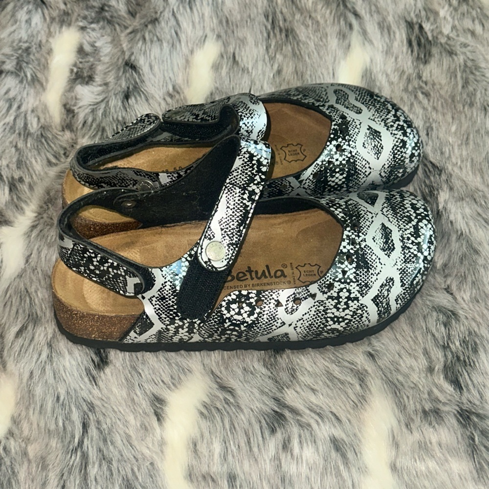 Birkenstock Betula snake print strap mules womens 7 silver black‎ unisex